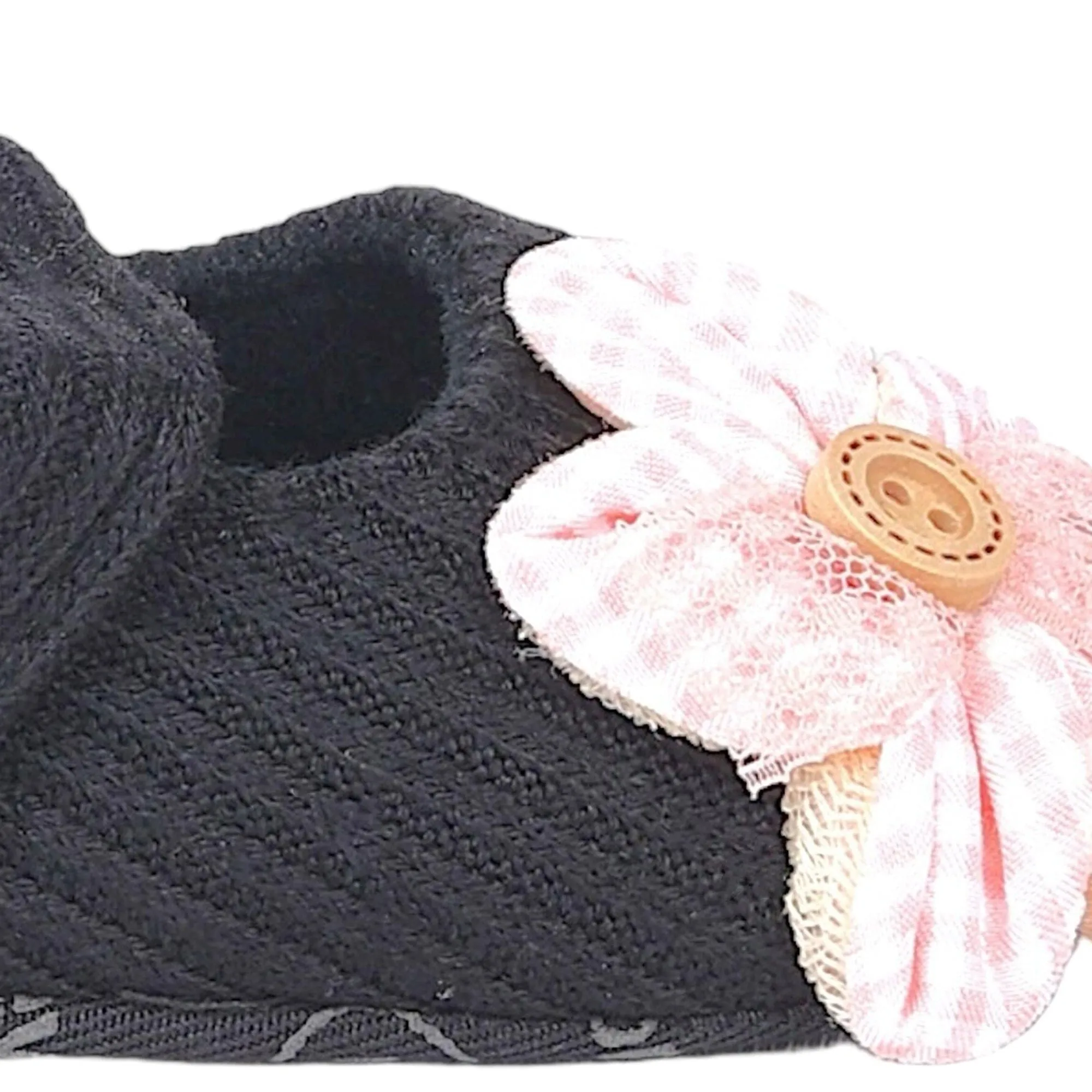 Baby Moo Flower Button Velcro Strap Ribbed Anti-Skid Ballerina Booties - Black, Peach