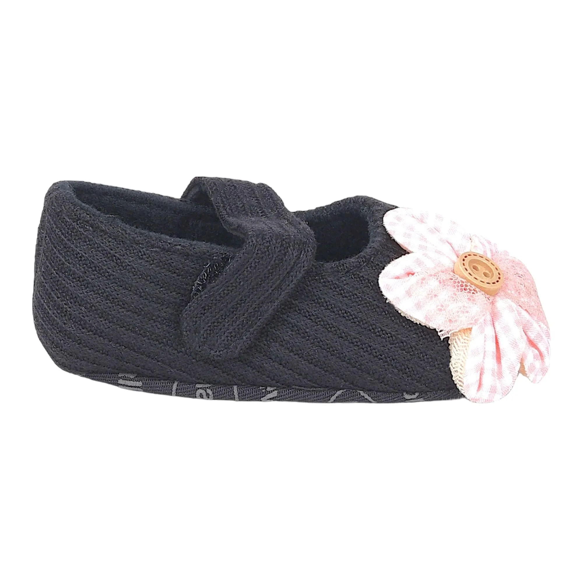 Baby Moo Flower Button Velcro Strap Ribbed Anti-Skid Ballerina Booties - Black, Peach