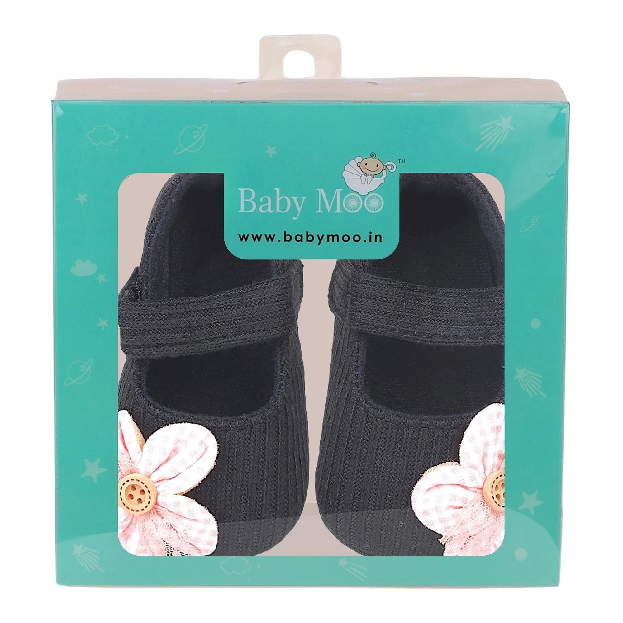 Baby Moo Flower Button Velcro Strap Ribbed Anti-Skid Ballerina Booties - Black, Peach