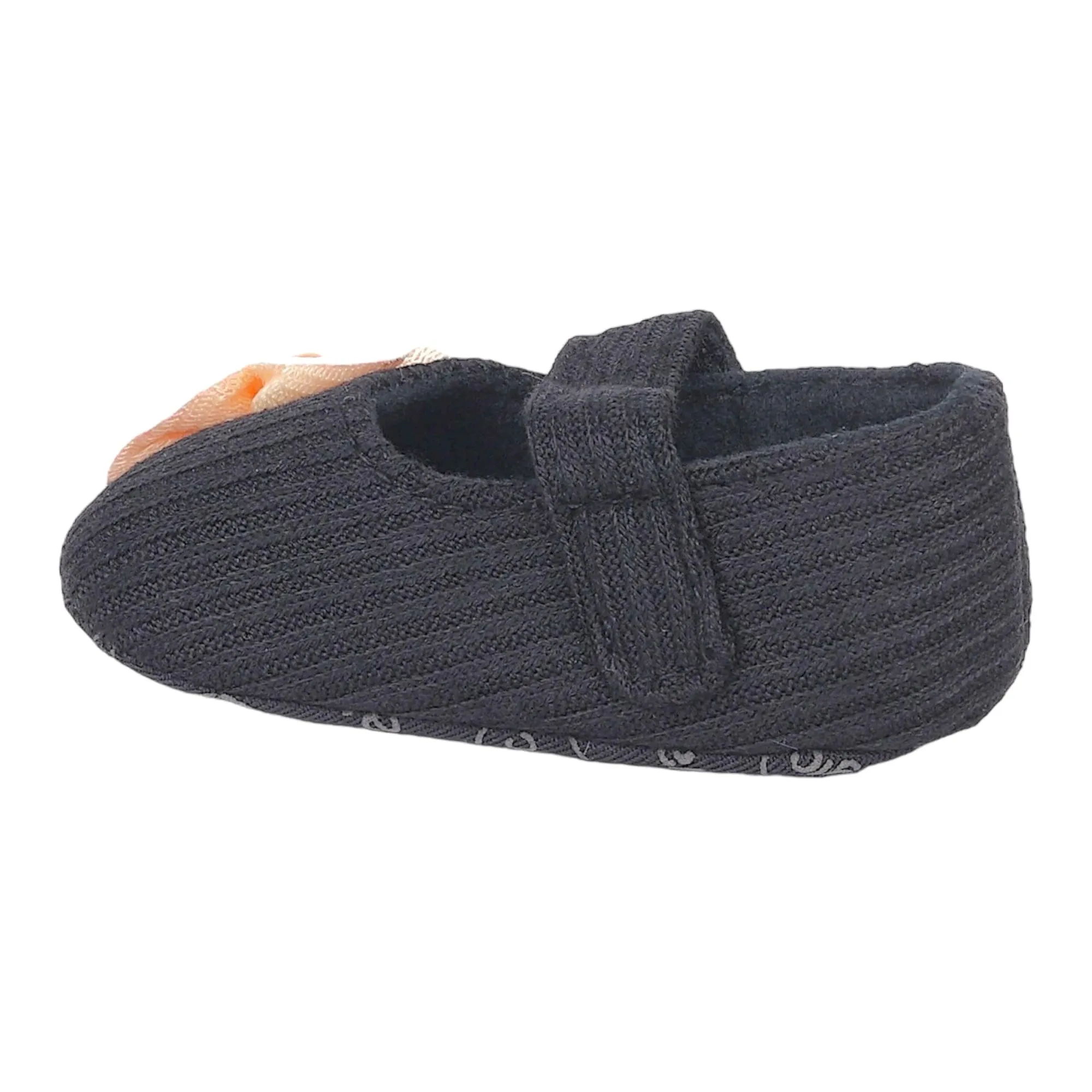 Baby Moo Flower Button Velcro Strap Ribbed Anti-Skid Ballerina Booties - Black, Peach