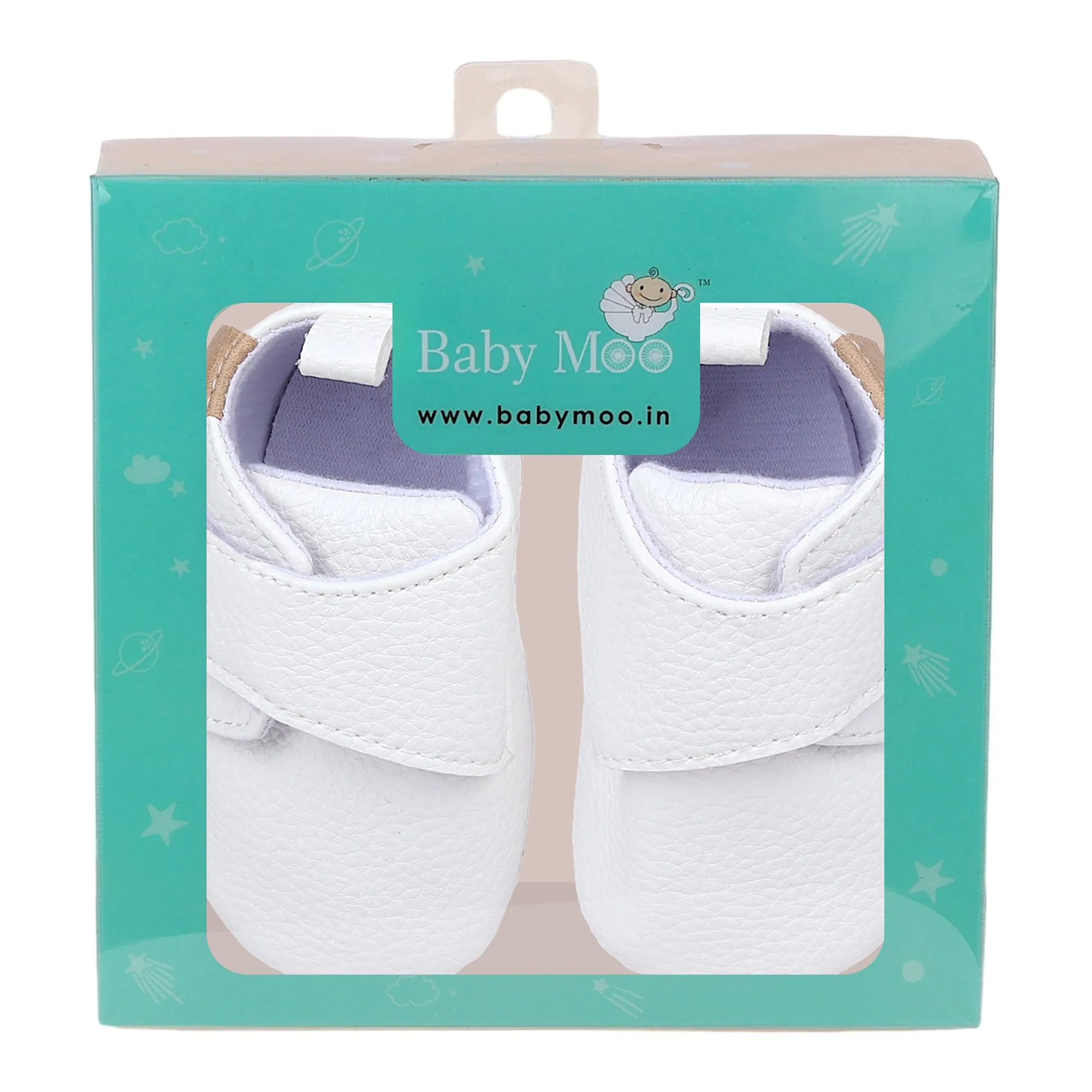 Baby Moo Stylish Vegan Leather Velcro Straps Anti-Skid Booties - White