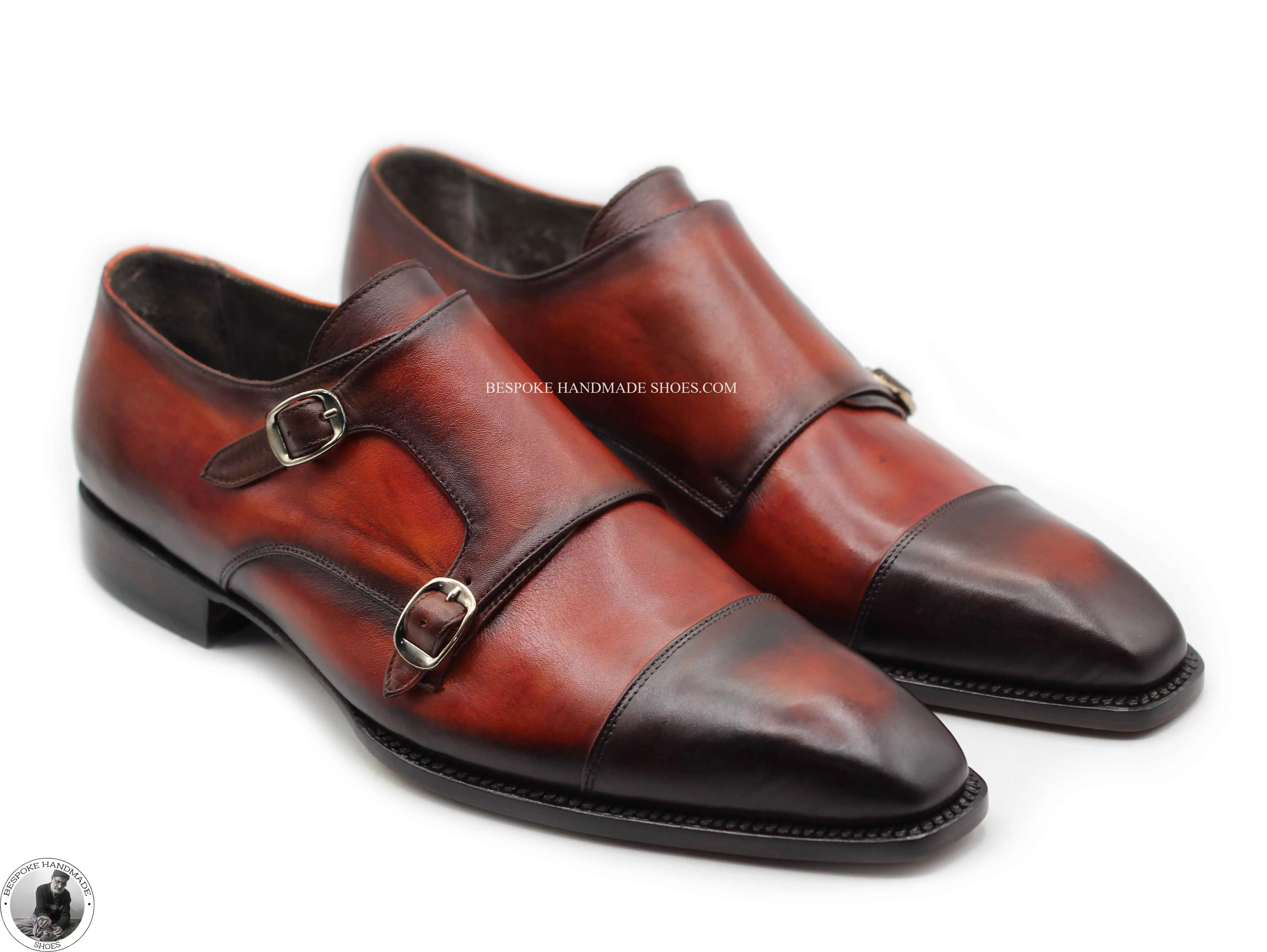 Bespoke Men's Handmade Red Leather Black Shaded Double Monk Strap Casual Shoes For Men's