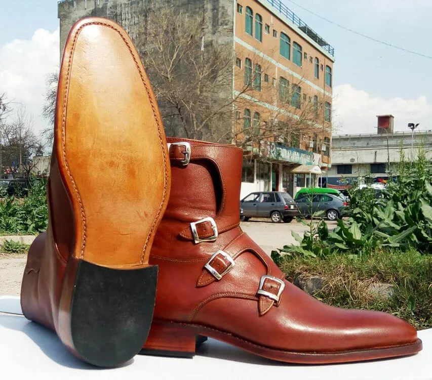 Bespoke Tan Leather High Ankle Monk Strap Boots