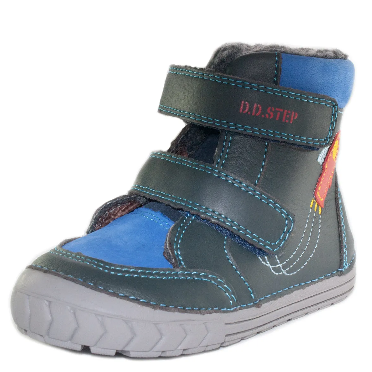 D.D. Step toddler boy shoes/winter boots with faux fur insulation ink blue with spaceship size US 4-8