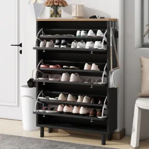 everyday Narrow Shoe Cabinet with 3 Flip Drawers, Wood Entryway Organizer with 3 Hooks, Free Standing Shoe Rack with Adjustable Shelves for Hallway, Black