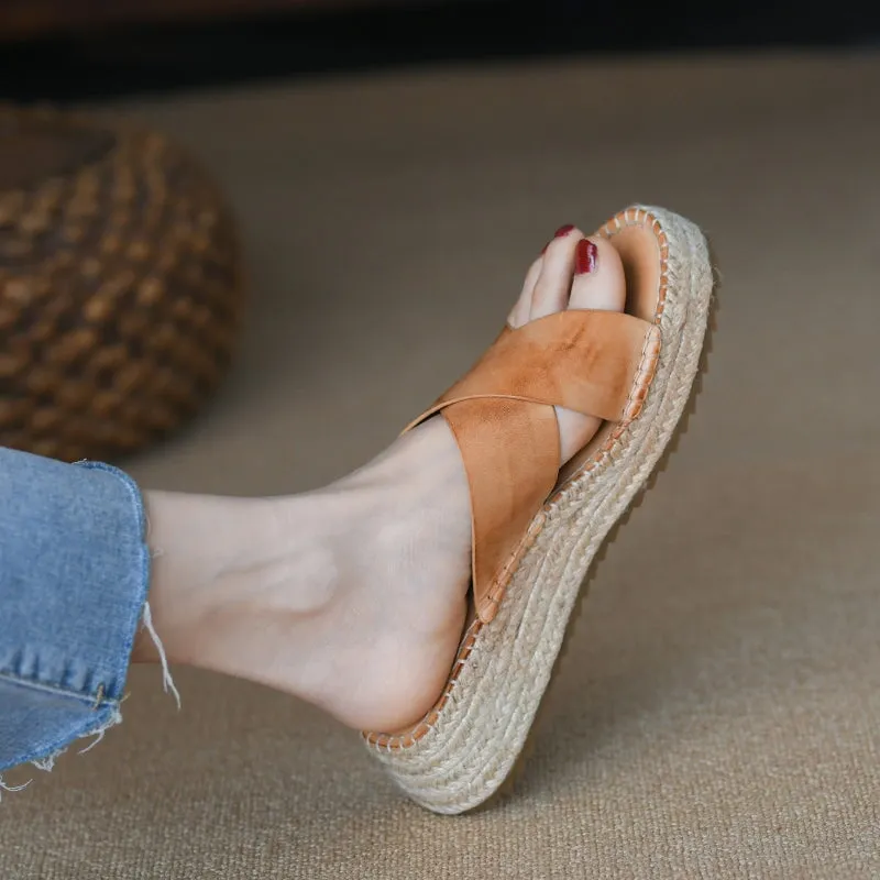 Handmade X Strap Sandals Soft Leather Comfy Casual Slippers in Yellow