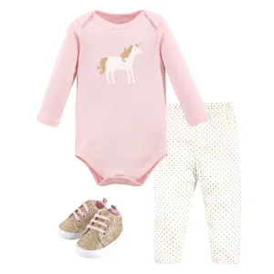 Hudson Baby Cotton Bodysuit, Pant and Shoe Set, Gold Unicorn