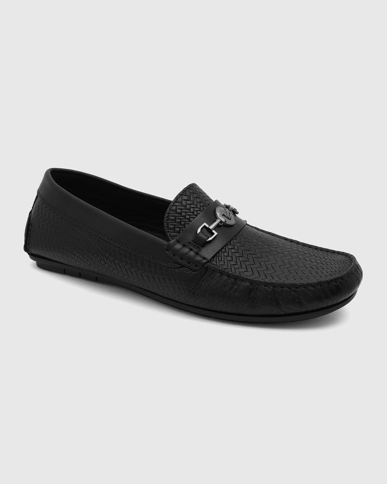 Leather Casual Black Textured Loafer Shoes - Thread