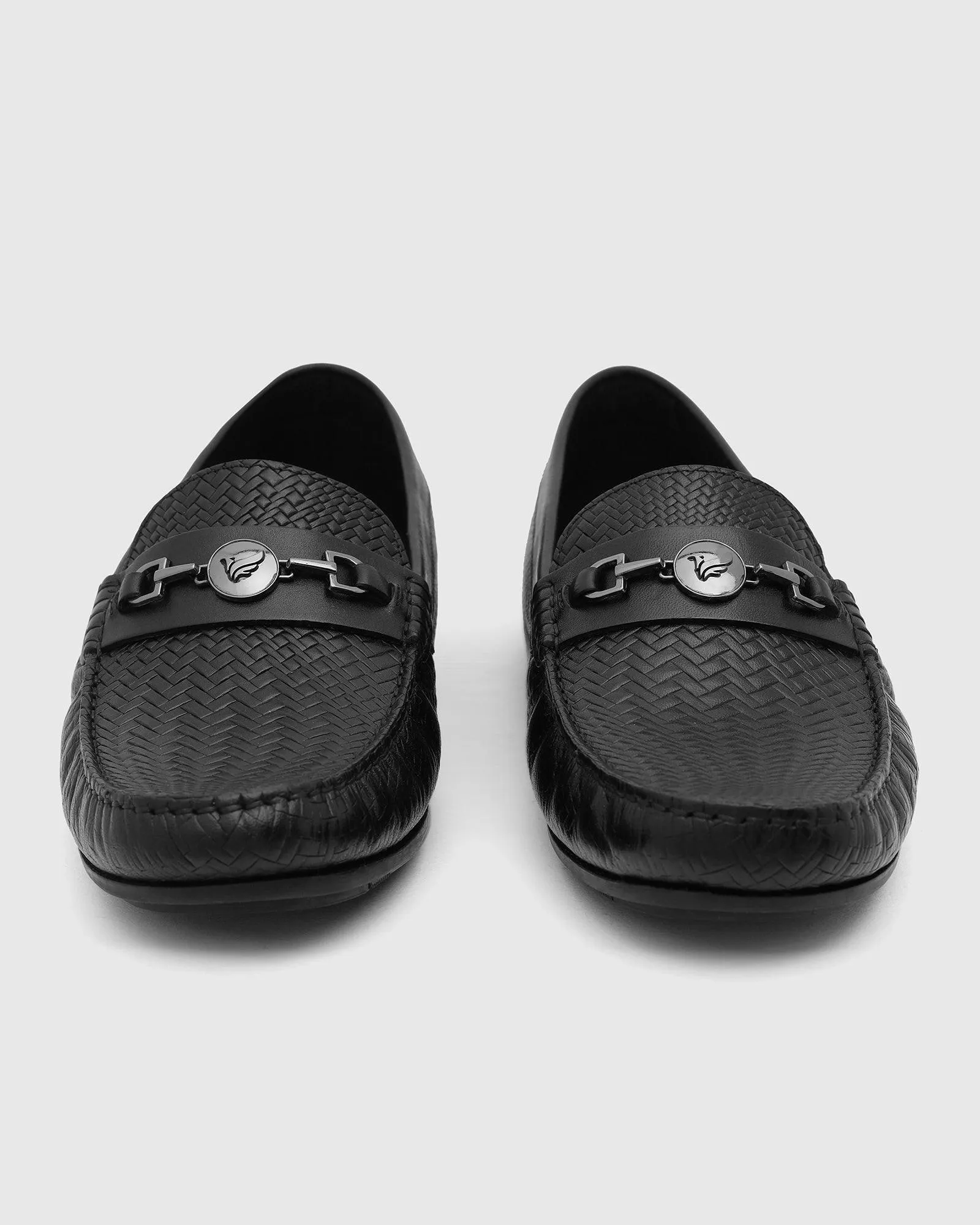 Leather Casual Black Textured Loafer Shoes - Thread