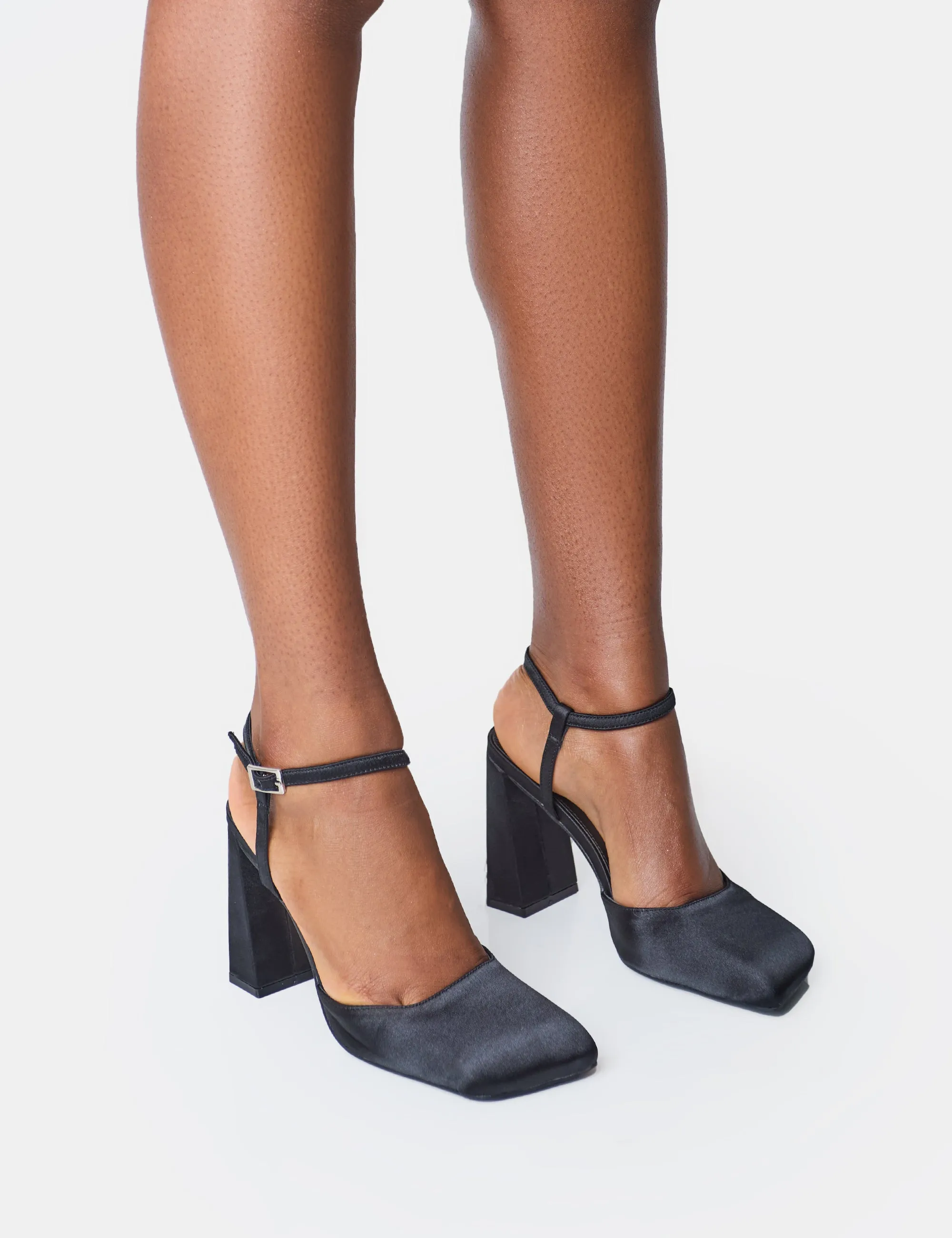 Leighton Black Satin Slant Toe Block Heels