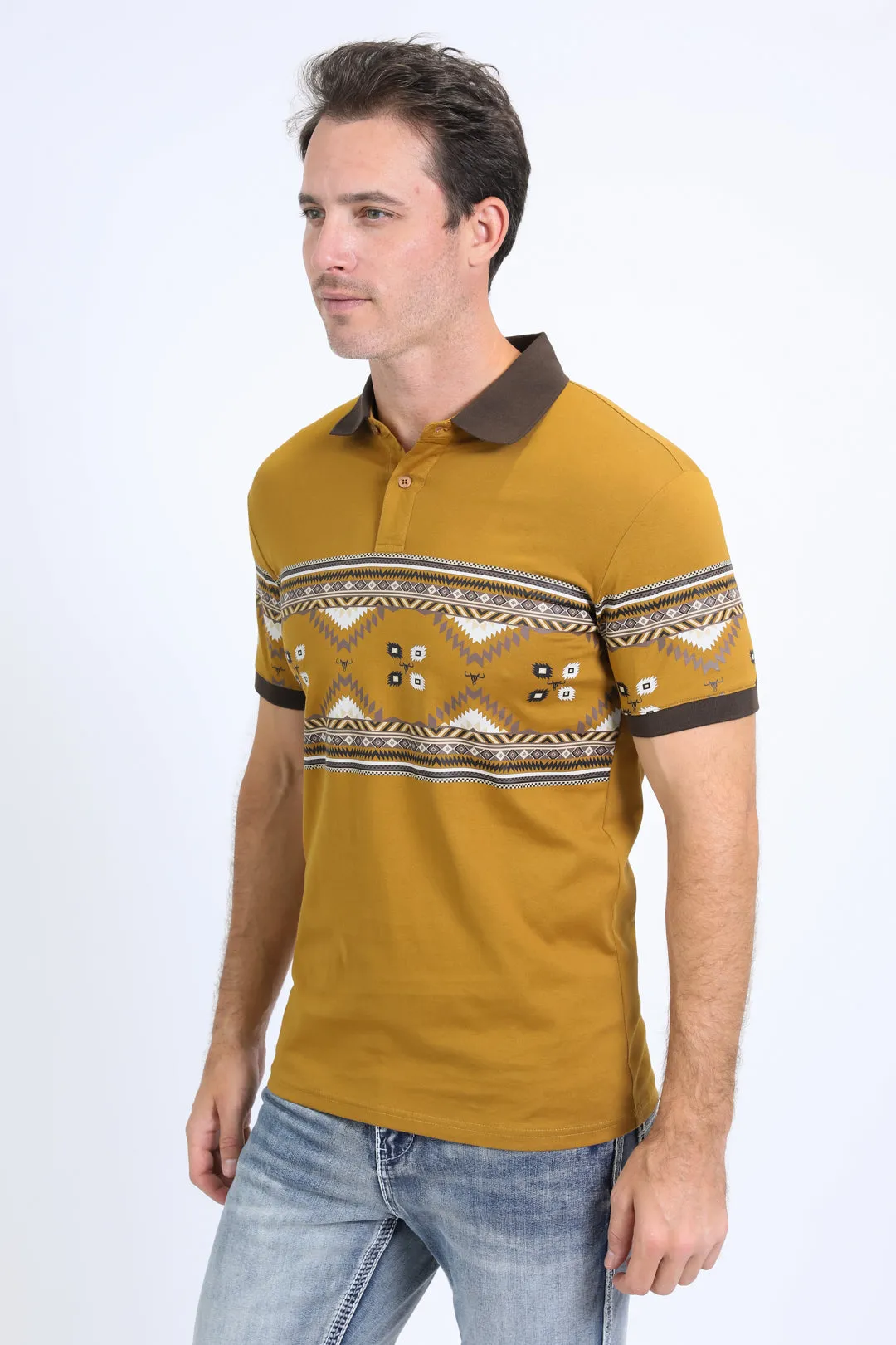 Men's Aztec Panoramic Print Camel Polo