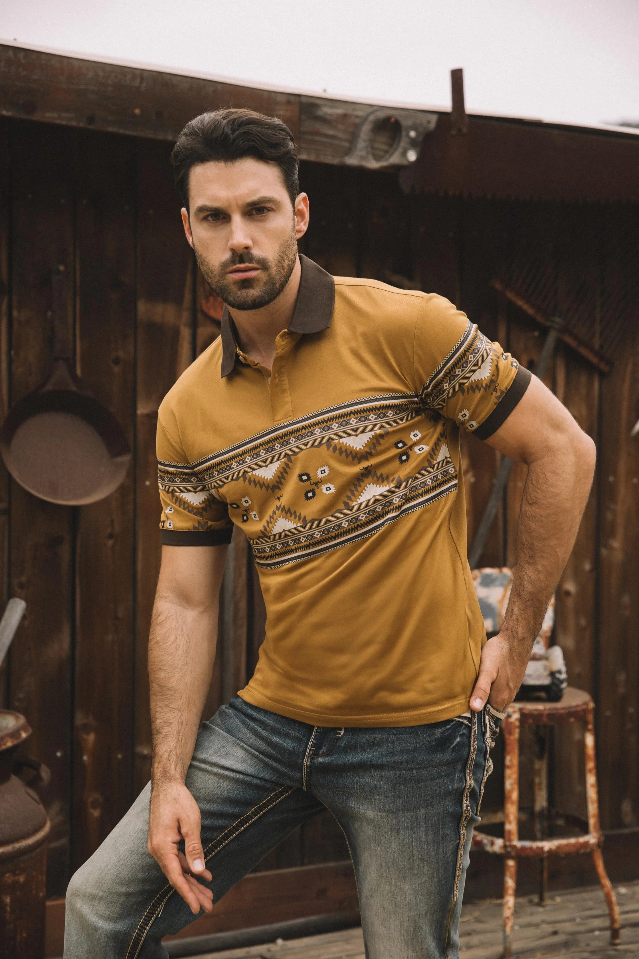 Men's Aztec Panoramic Print Camel Polo