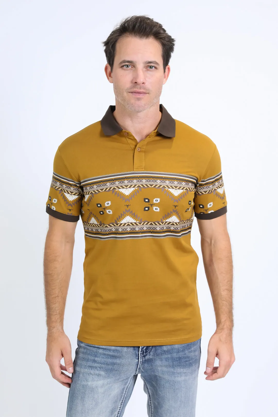 Men's Aztec Panoramic Print Camel Polo