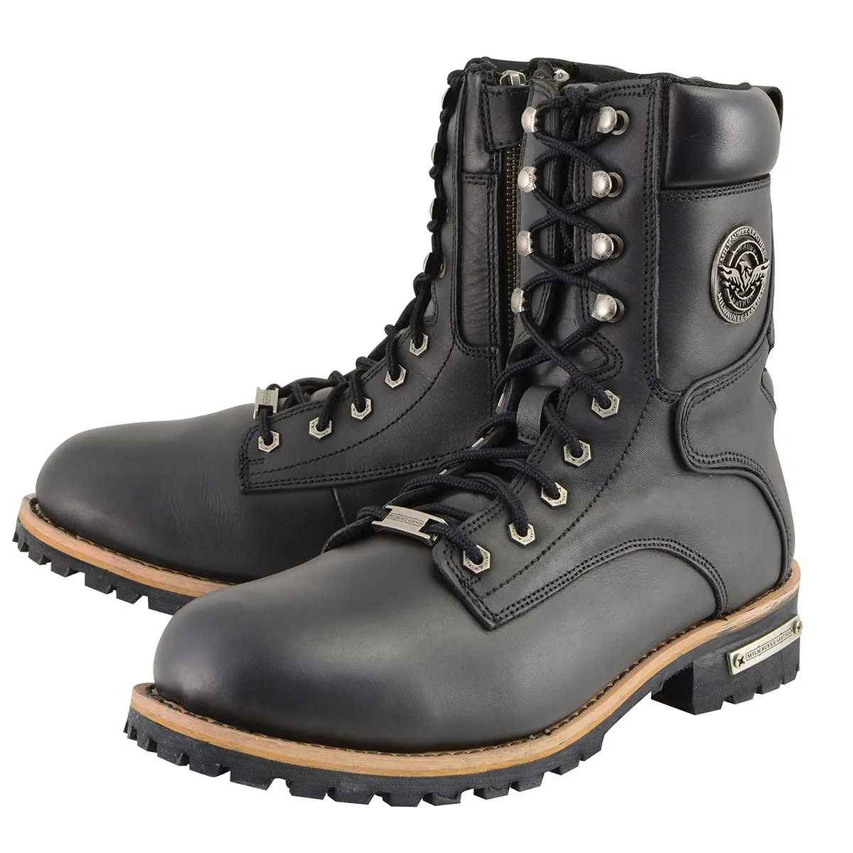 Milwaukee Leather MBM9095 Men’s Classic Black Logger Lace-Up Boots with Side Zipper