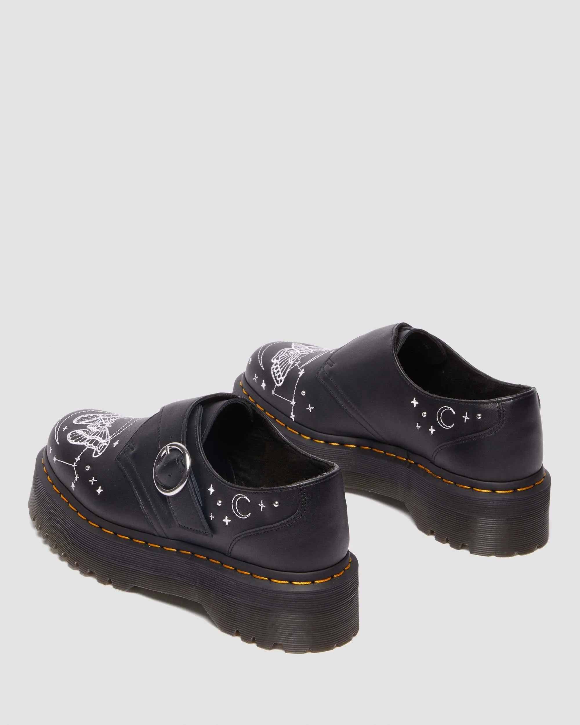 Monk Strap Quad Celestial Moth Embroidered Leather Platform Shoes