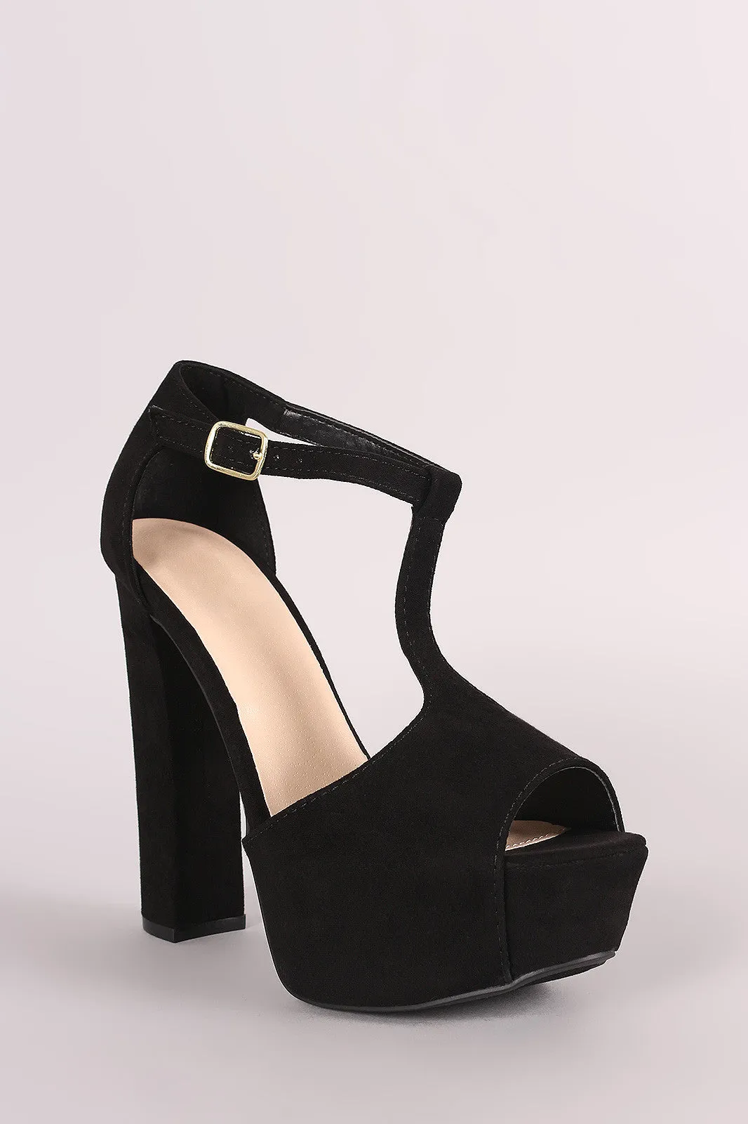 Qupid Suede T-Strap Chunky Platform Heel