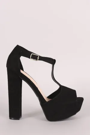 Qupid Suede T-Strap Chunky Platform Heel