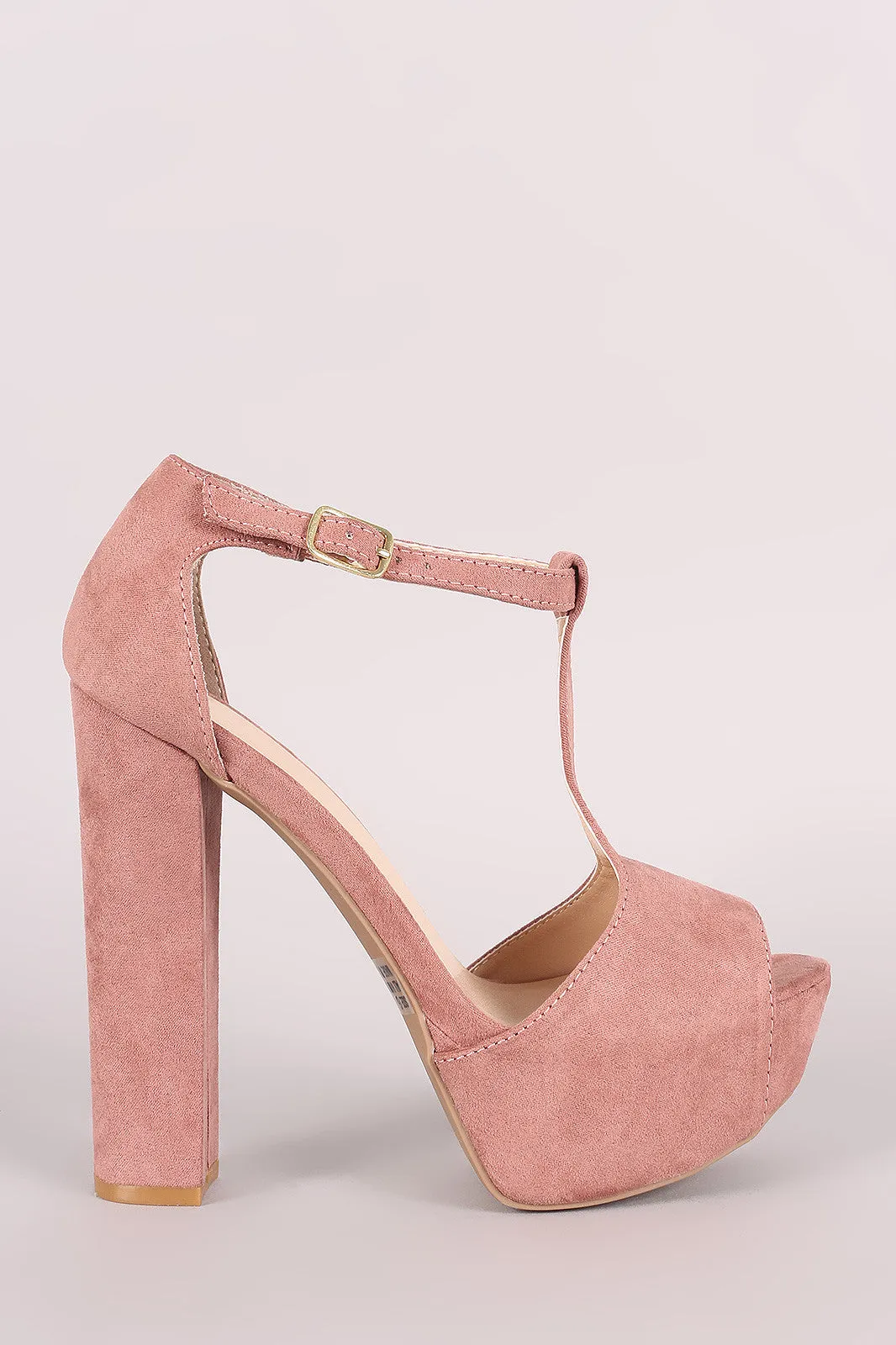 Qupid Suede T-Strap Chunky Platform Heel