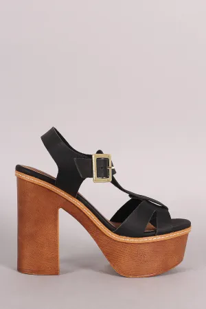 Qupid T-Strap Chunky Faux Wooden Platform Heel