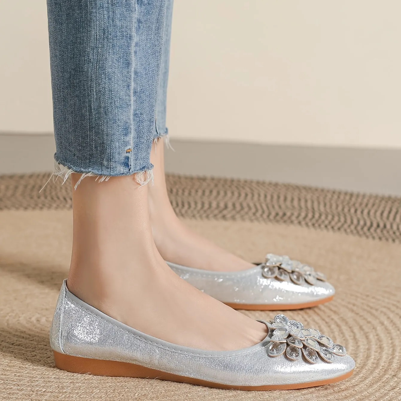 Women's Rhinestone Decor Ballet Flats Pointed Toe Soft-sole Slip Comfy Casual Shoes