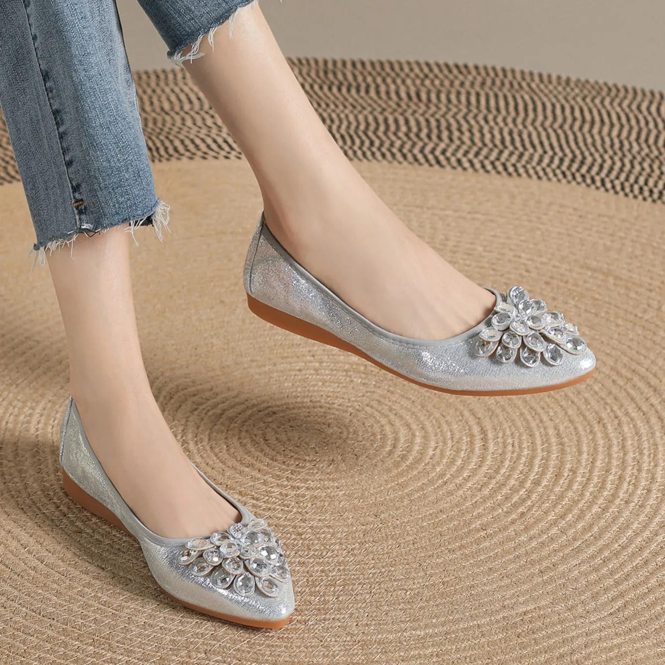 Women's Rhinestone Decor Ballet Flats Pointed Toe Soft-sole Slip Comfy Casual Shoes